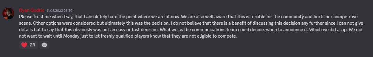 creenshot from the Gwent partner Discord server: a CDPR representative states that he is unhappy with what is happening in the community, but the company has no other choice