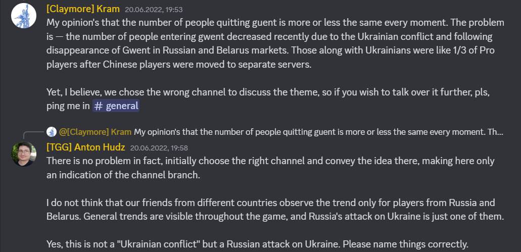 Скриншот из партнерского дискорд-сервера Гвинта: член белорусско-российского гвинт-проекта "Claymore" убеждает основателя TgGwent в том, что отток русских игроков значителен
