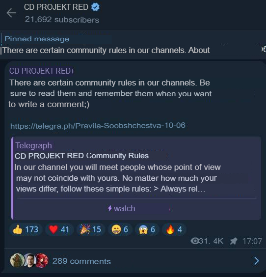 Translated from Russian by an automatic translator: https://t.me/cdpr_official/11 | https://web.archive.org/web/20221006154817/https://t.me/cdpr_official/11