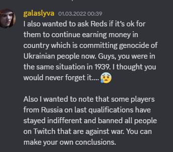 Screenshot from the Gwent partner Discord server: a Ukrainian woman asks CDPR to leave Russia